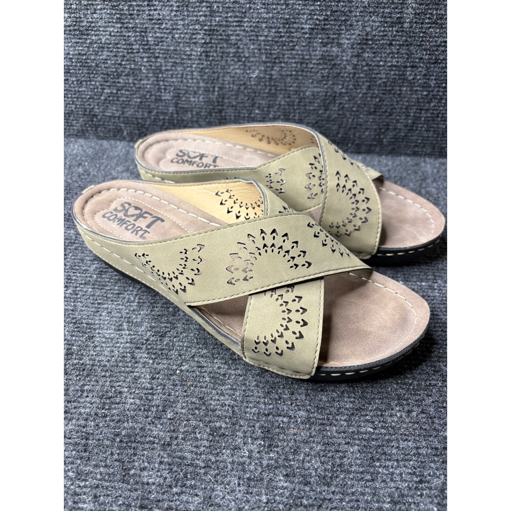 Soft Comfort Sand Castle Taupe Laser Cut Memory Foam Slide Sandals Womens 10